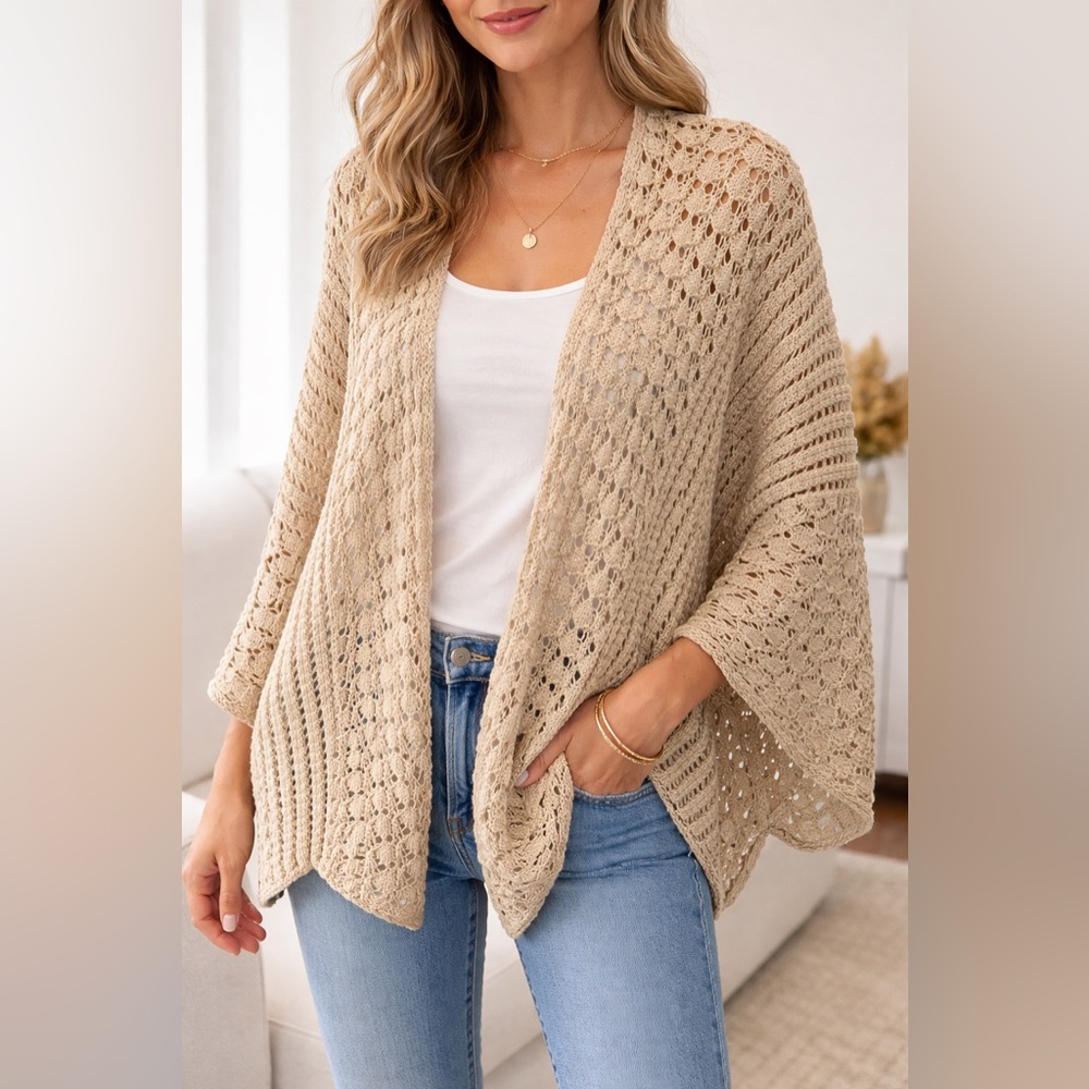 Chico's Sandy Beige Open Knit Dolman Sleeve Cardigan Sheer Lightweight Boho L/XL